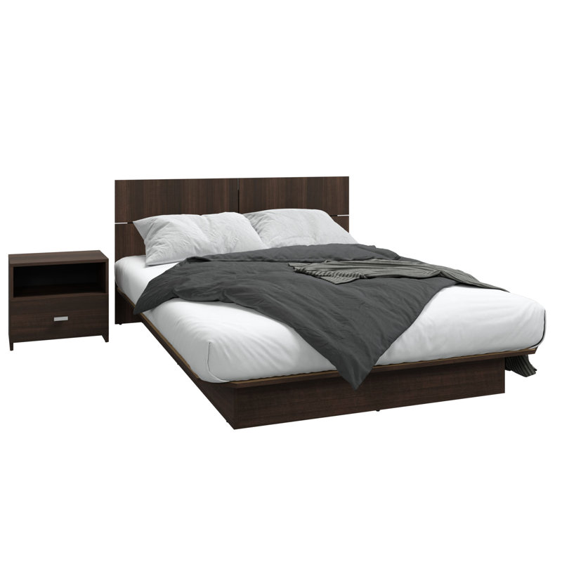 Chambre à coucher Zen Alpha - Lit plateforme avec tête de lit et 1 table de chevet - Assemblage facile, aucun sommier requis
