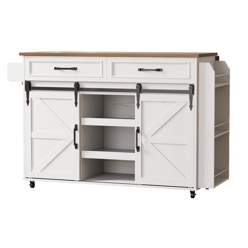 Îlot de cuisine avec armoire et tiroir, chariot d'îlot de cuisine roulant en bois avec portes de grange, blanc