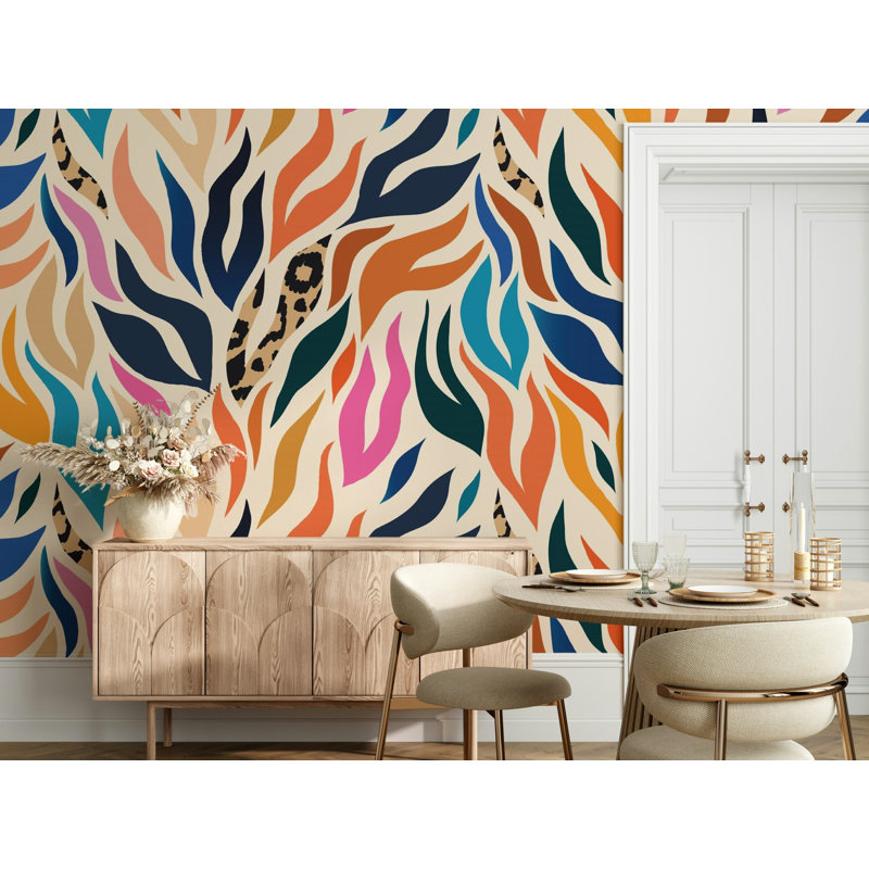 Colourful Abstract Leaf Print Wallpaper with Leopard, 115" L  x 225" W