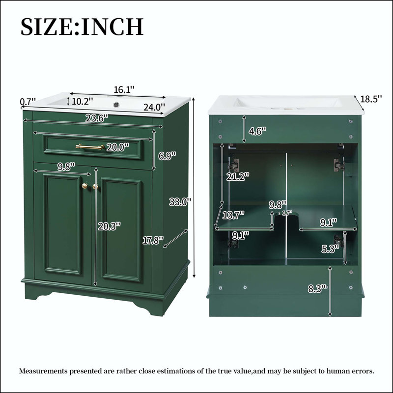 Meuble-lavabo 24 po avec tiroir basculant et charnières à fermeture en douceur