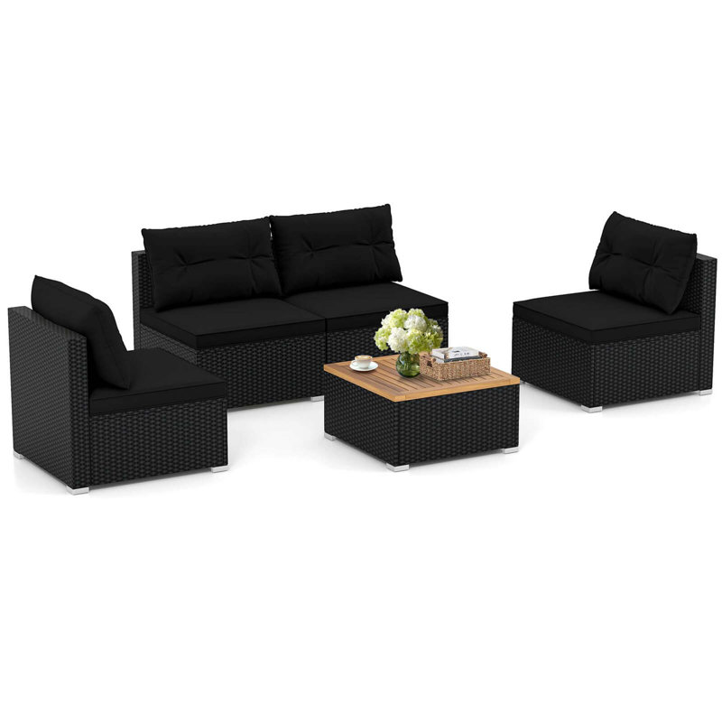 Ensemble de meubles d'extérieur 5 pièces avec coussins de siège et de dossier en bois d'acacia, Noir