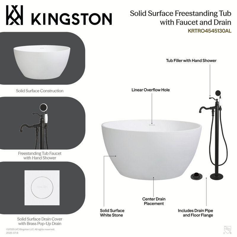 Kingston Arcticstone 45-Inch Solid Surface Round Double Ended Freestanding Tub With Faucet Combo And Drain, Matte Black