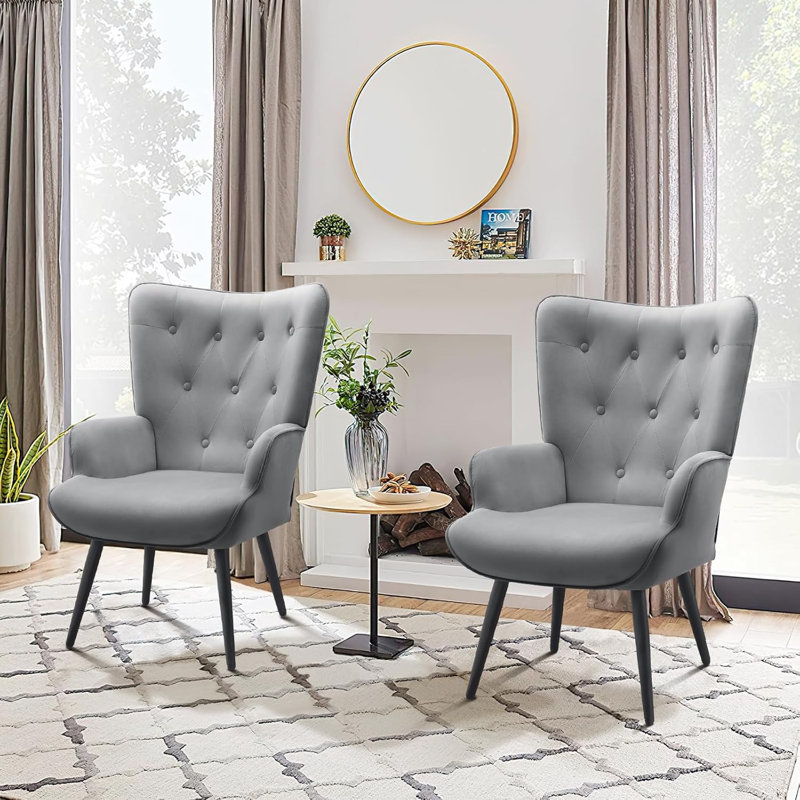 Modern Upholstered Wingback Chair Velvet Tufted Armchair with Metal Legs, Gray Velvet