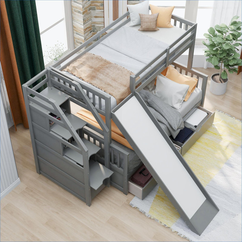 Solid Pine Bunk Bed For Shared Kids Bedroom Neutral Gray Twin Over Full Multifunctional With Slide And Storage