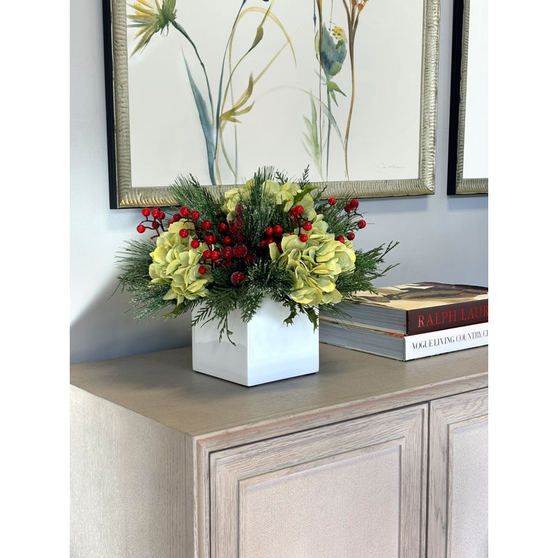 Hydrangeas and Berries Embellished with Festive Greens