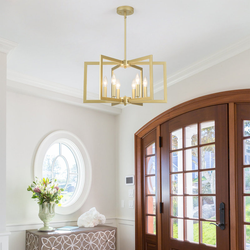 6 - Light Farmhouse Geometric Candle-Style Square / Rectangle Lantern Chandelier, Gold, 6 Lights