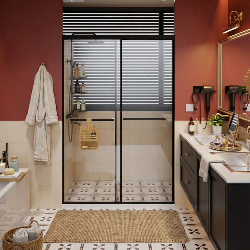 Portes de douche et de baignoire sans cadre modernes, acier inoxydable noir mat, installation facile