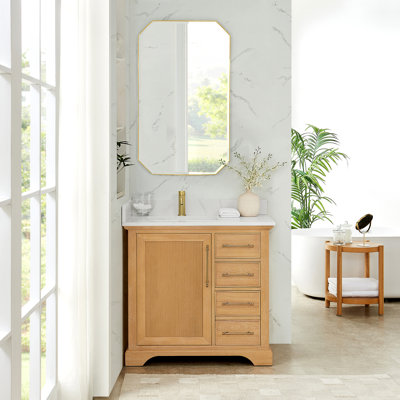 Meuble-lavabo simple 36 po Epworth en chêne naturel brun avec plateau en pierre de quartz blanc soyeux Epworth