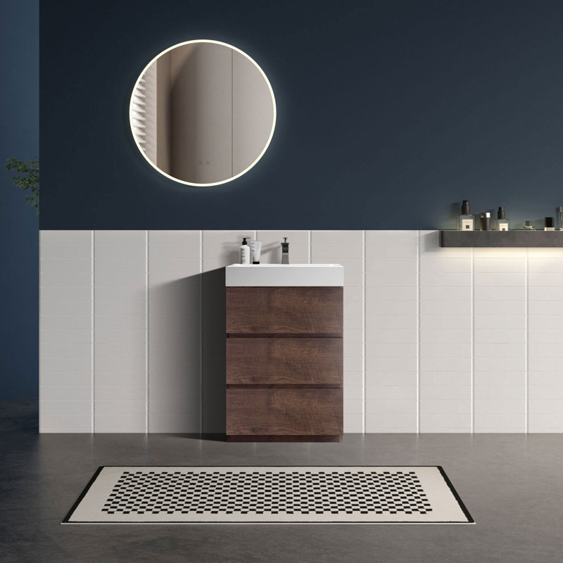 Meuble-lavabo sur pied simple de 24 po avec lavabo à surface solide avec trop-plein Deandrick, pré-assemblé, Noyer, 24"
