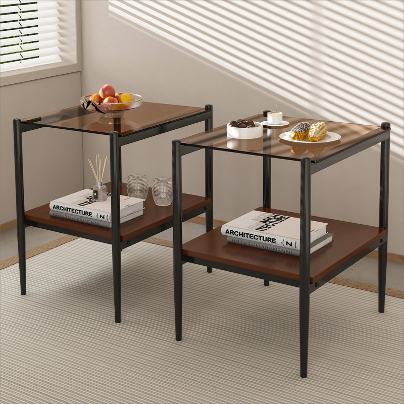 Ensemble de 2 tables de bout rectangulaires, plateau en verre trempé avec panneau de fibres à densité moyenne, table de salon moderne