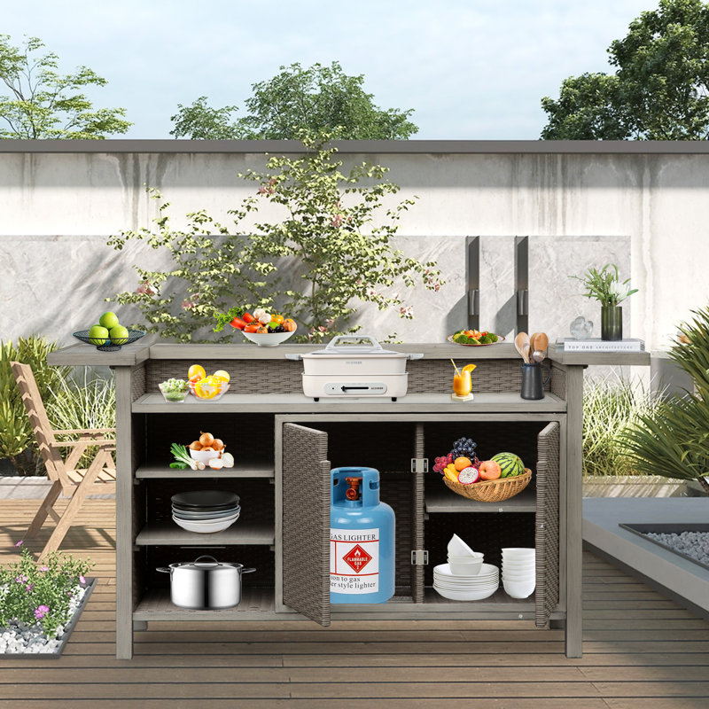 Outdoor Aluminum Grill Cart PE Wicker Bar Cart and Cabinet with Storage