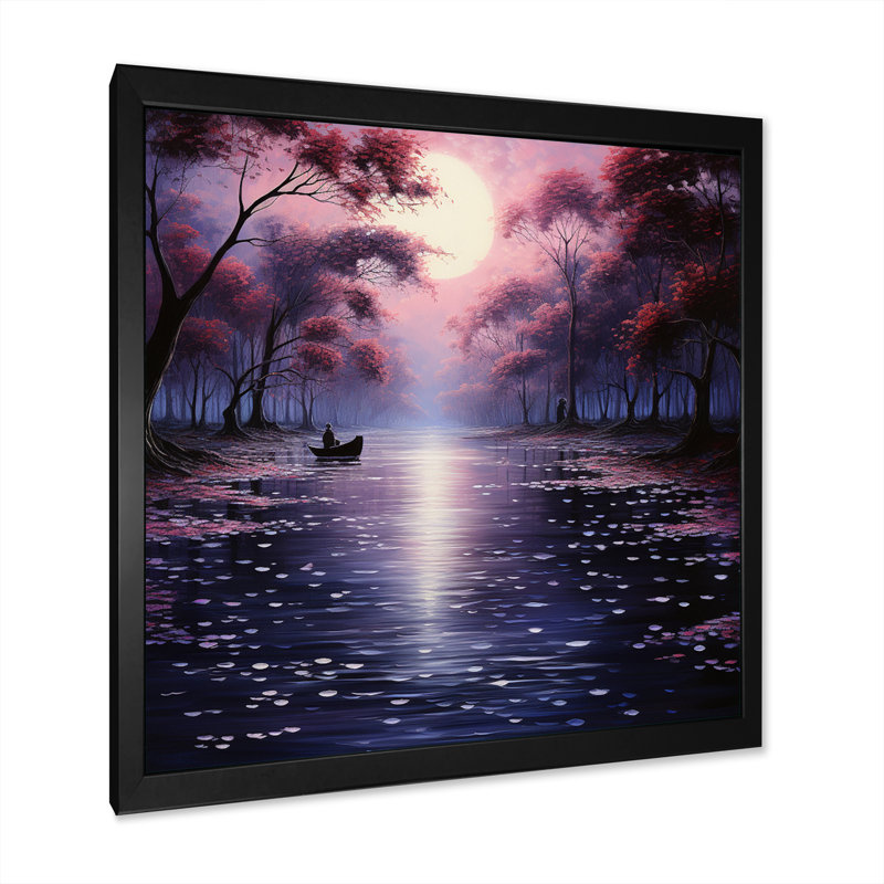 «Pink Canal Serenitys Reflection Pointillism» sur impression sur toile, H 16 po x l 16 po x P 1 po, Cadre simple noir