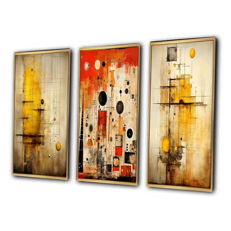 Enchanted Destruction Vintage Illustration - Modern Geometric Art Set Of 3 Pieces, Cadre flottant doré, H 28 po x l 36 po