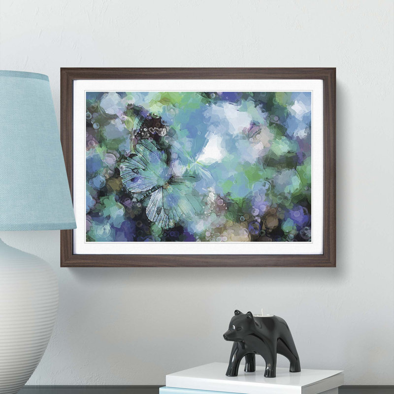 Butterfly upon a Flower in Blue in Abstract - Picture Frame Painting Print, Walnut Framed, 62cm H x 87cm W x 2cm D