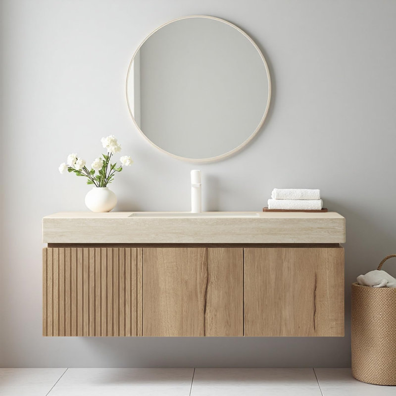 48"Bathroom Vanity with Drawer and 2 Doors, Travertine Countertop and Ceramic Basin, Pre-Assembled, Oak, Light Gray
