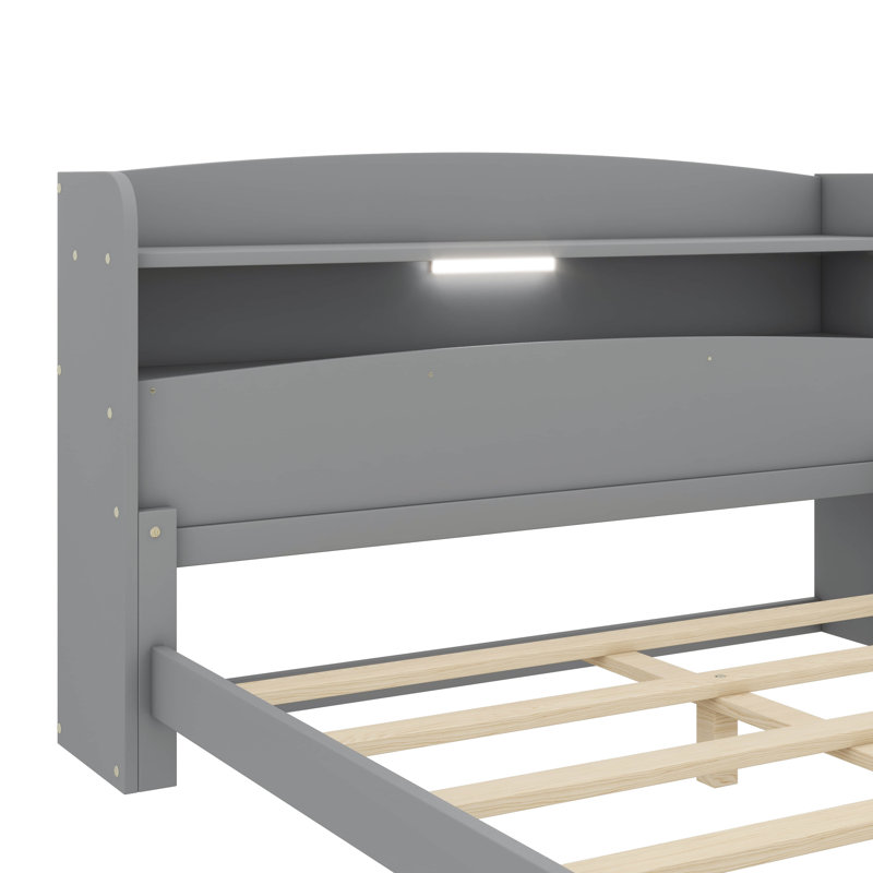 Lit plateforme avec tête de lit bibliothèque et lumière DEL à détection de mouvement, Gris, Lit double