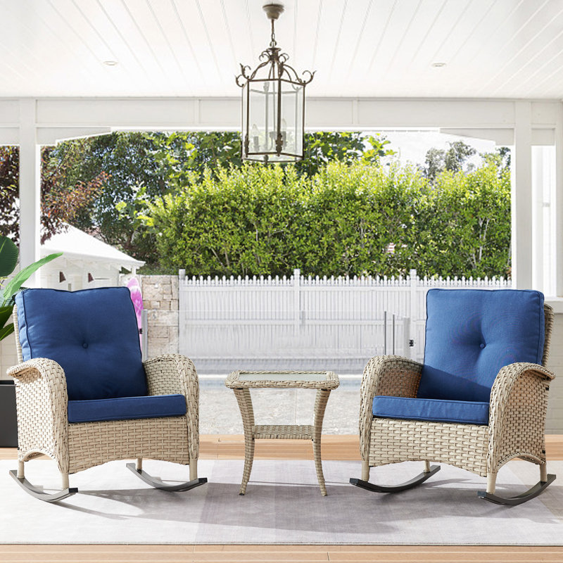 Tonry Wicker Rattan Outdoor Rocking Chair Set, Light Gray, Blue