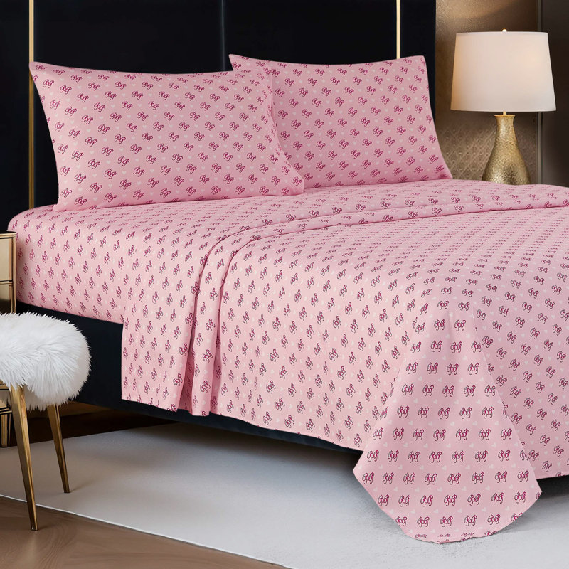 Baby Phat Printed Microfiber Sheet Set, King, Logo with Heart - Pink