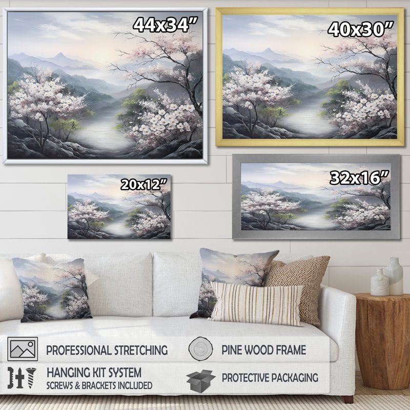 Fleurs de cornouiller japonais I, impression sur toile, Cadre simple blanc, H 34 po x l 44 po x P 1,5 po