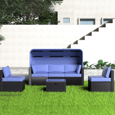 Mobilier de patio avec auvent, -, coussin à haute élasticité, matériau aquatique, fabrication stable, mobilier d'extérieur au design rustique, tissu imperméable élevé, verre épais, décoration de jardin