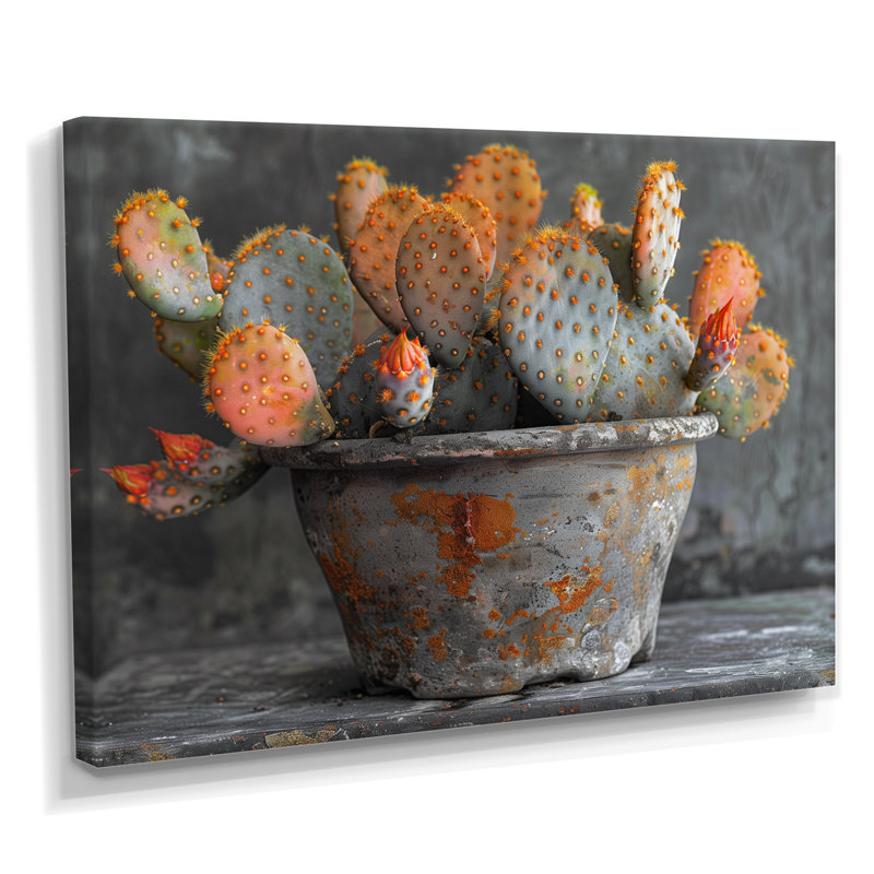 Décoration murale orange orange et vert en forme de cactus dans un vase II - cactus floral, H 34 po x l 44 po x P 1,5 po