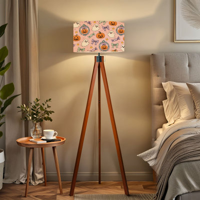  Tripod Standing Lamp Cute Halloween Ghosts Pumpkins Candy Bows Pink Remote Controlled Dimmable LED Floor Lamp with Beech Wood Legs & Detachable Linen Shade for Farmhouse Apartment Living Room and Bedroom