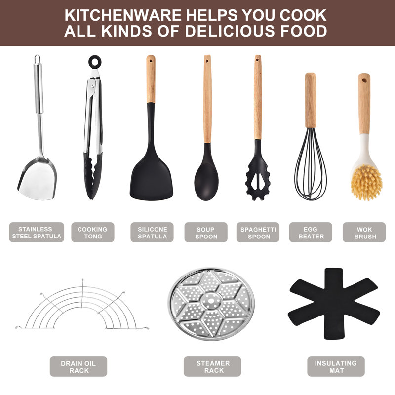 AOSION 13'' Black Carbon Steel Wok Set with Wooden Handle