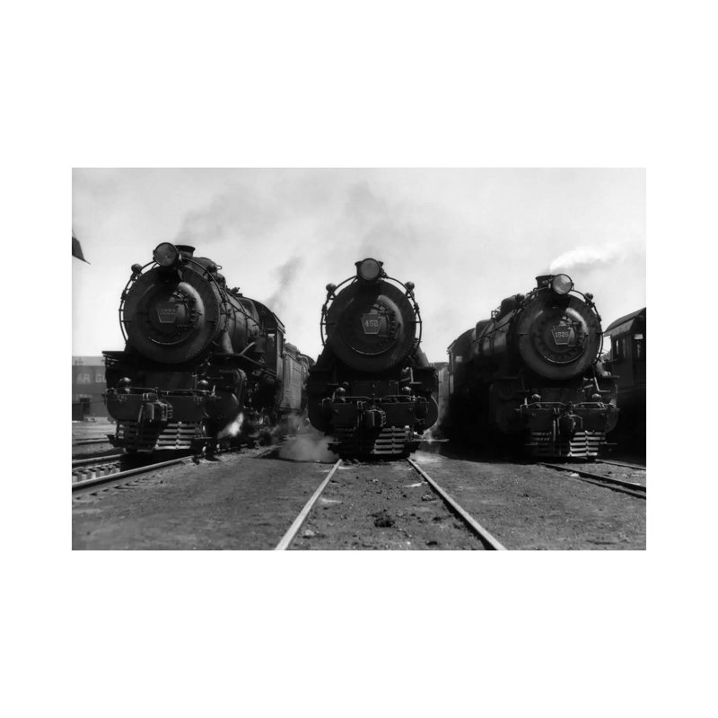 1930s Head-on Shot Of Three Steam Engine Train Locomotives On Tracks - Wrapped Canvas Print, 30.48 cm H x 45.72 cm W
