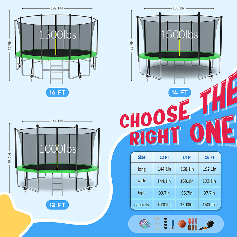 Trampoline d'extérieur de 14 pi avec clôture de sécurité pour l'extérieur, Vert