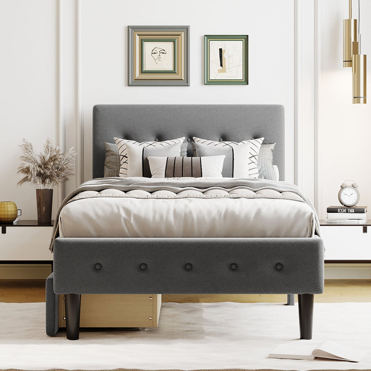 Upholstered Platform Bed With 2 Drawers (Twin)