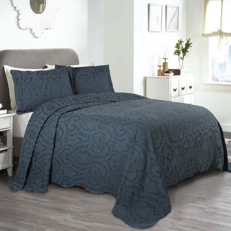 Aspen Floral Scalloped Edge Cotton Blend Coverlet / Bedspread with Sham Set, King, Deep Sea