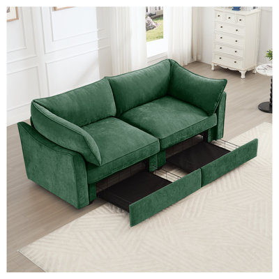 Canapé à 2 places en chenille vert avec tiroirs de rangement coulissants et accoudoirs en forme de croissant - Causeuse moderne peu encombrante pour les petits salons