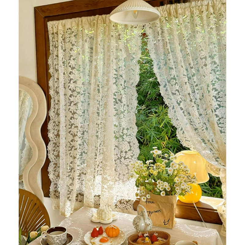 Vintage Floral Embroidered Lace Sheer Curtains, Rod Pocket Scalloped Edge Ivory Drapes For French Country Cottage, Farmhouse, Bedroom & Kitchen, Set Of 2