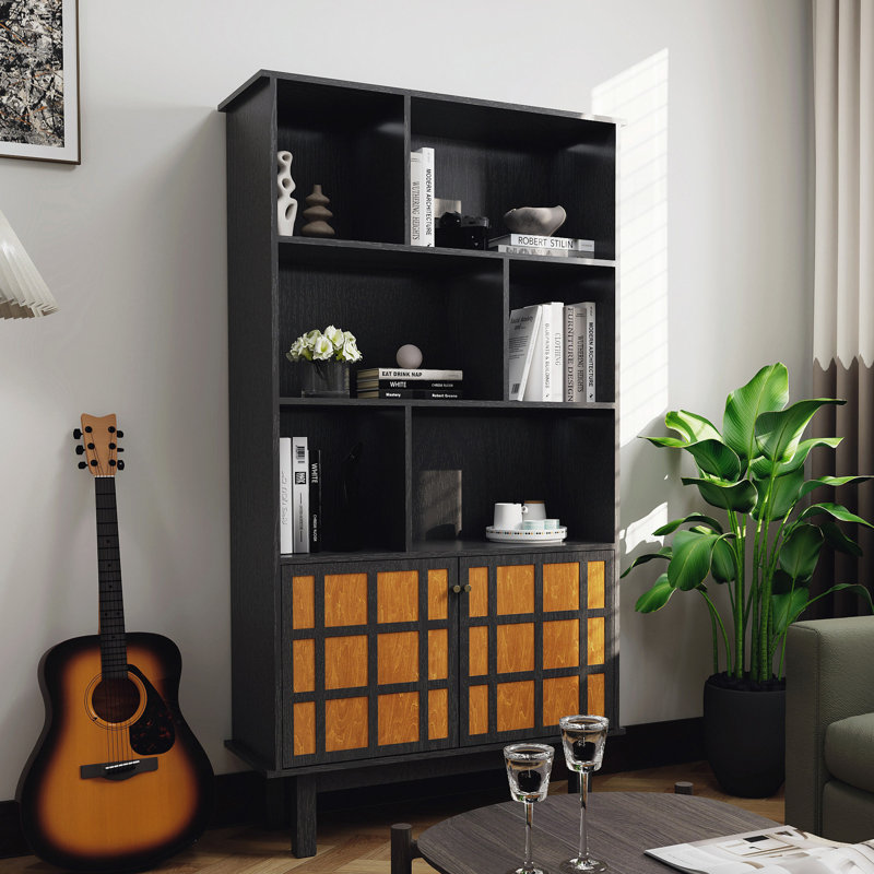 Bibliothèque de rangement élégante - 3 tablettes ouvertes + 2 tablettes fermées, panneau de fibres à densité moyenne résistant aux égratignures, assemblage facile