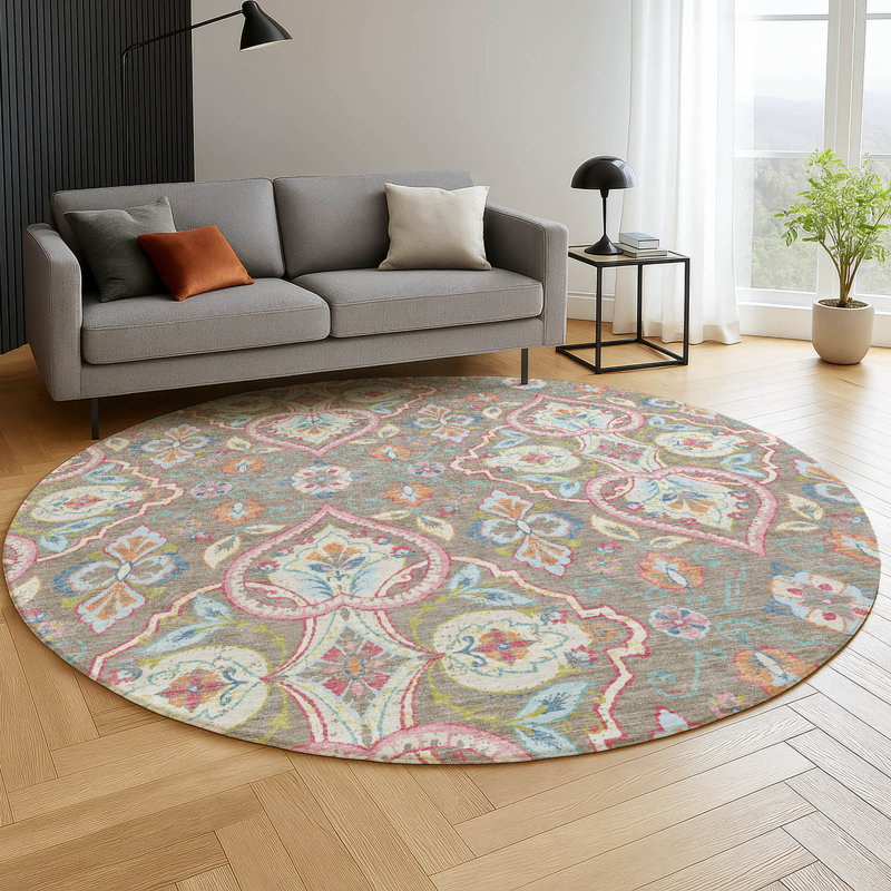 Tapis bohème de qualité supérieure lavable à la machine Mayfield AMF2207, Taupe, 8' Round