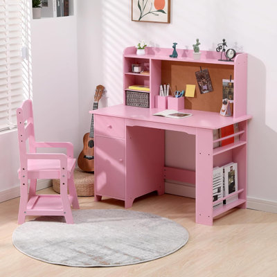 Kids Study Desk and Chair Set, Wood Desk with Bookshelf, Bulletin Board, and Storage Cabinets – Ideal for Boys and Girls Ages 3-8
