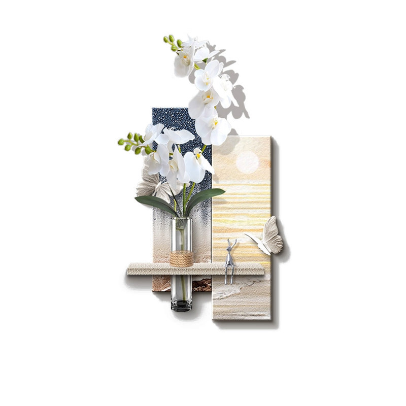 3D Textured Sandstone Wall Decor, Layered Abstract Wall Art with Floating Shelf, Glass Water Vase & Artificial Orchid Butterfly Accents