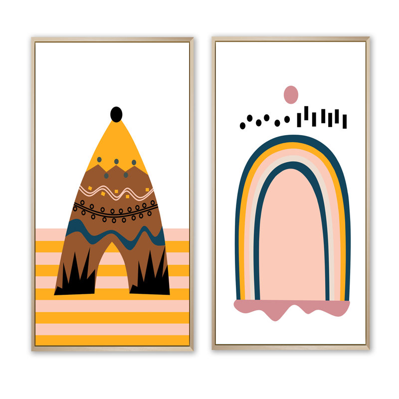 «Bohemian Mid Century Geometric Typographie», ensemble de 2 impressions sur bois, H 20 po x l 24 po x P 1 po, Cadre brun