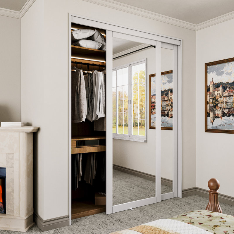 Portes coulissantes en miroir 72 po x 80 po 1 Lite avec trousse de quincaillerie et poignées faciles à installer