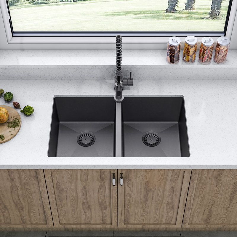 Sinber 32" x 19" Undermount Double Bowl Kitchen Sink with 18 Gauge 304 Stainless Steel Black Finish