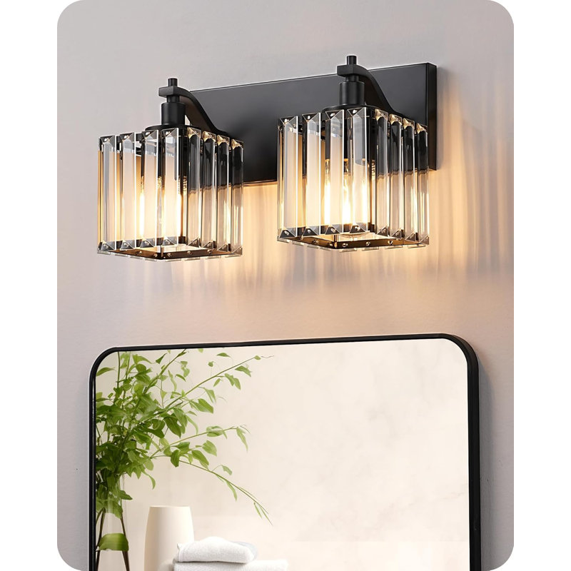 Modern Bathroom Vanity Light Fixture, 2-Light Crystal Wall Sconce For Over Mirror, Hardwired Mounting With E26 Base, Black Finish