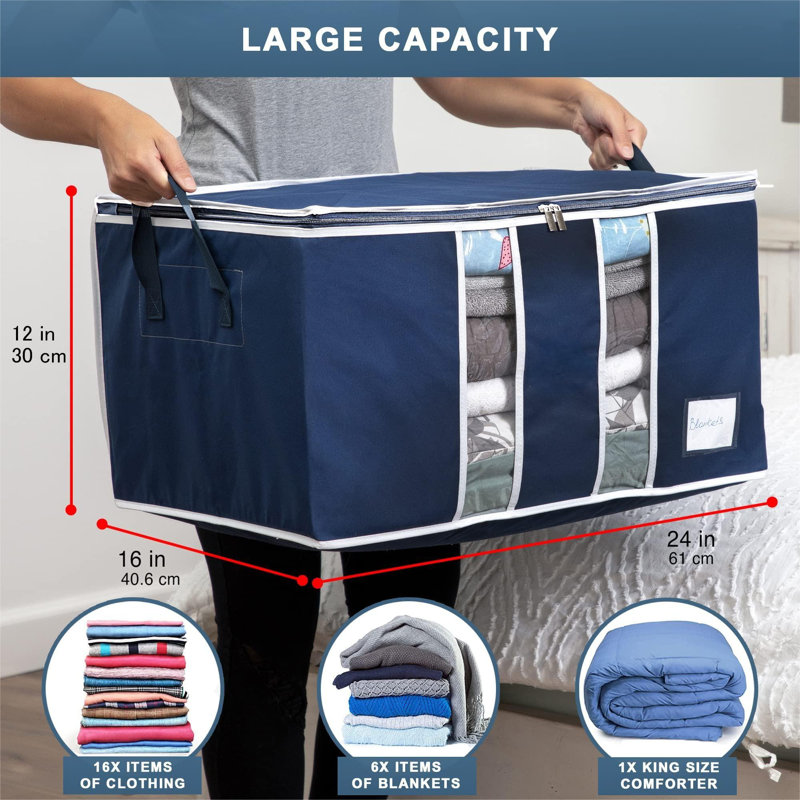 Clothes Storage Bag Organizer For, Blankets, Clothing, Comforters And Bedding Sets,Stackable With Zippers,Clear Window,( Blue/3 Pack)