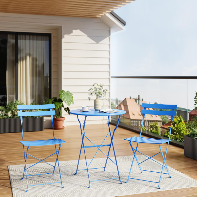 3 Piece Outdoor Folding Bistro Set, Metal Frame Patio Table and Chairs, Foldable Balcony Furniture, Blue