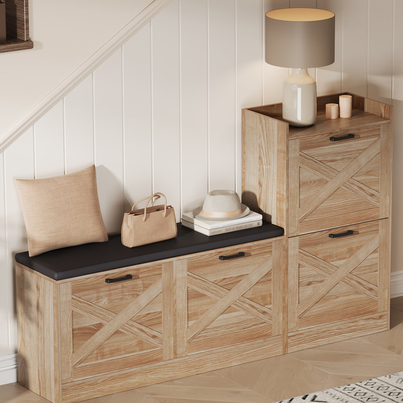 Farmhouse Shoe Storage Bench with 4 Flip Drawers, Padded Seat Shoe Cabinet Organizer for Hallway