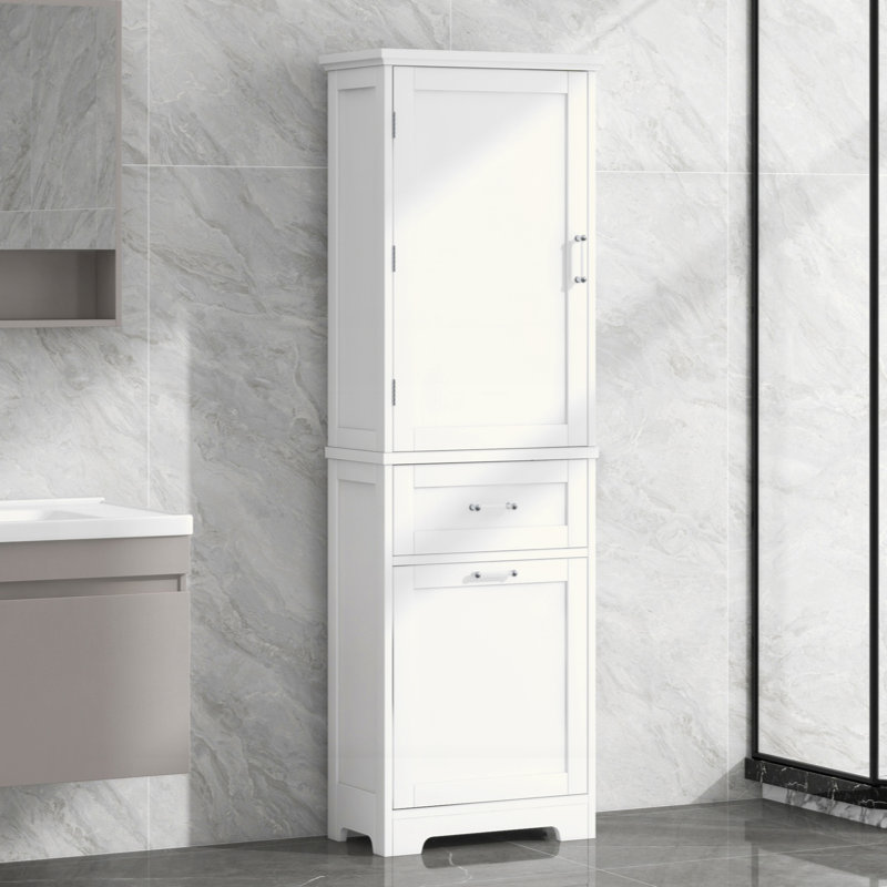 Grande armoire de rangement pour salle de bain, armoire de rangement autoportante avec deux tiroirs de tailles différentes et tablette réglable, panneau de fibres à densité moyenne avec finition peinte