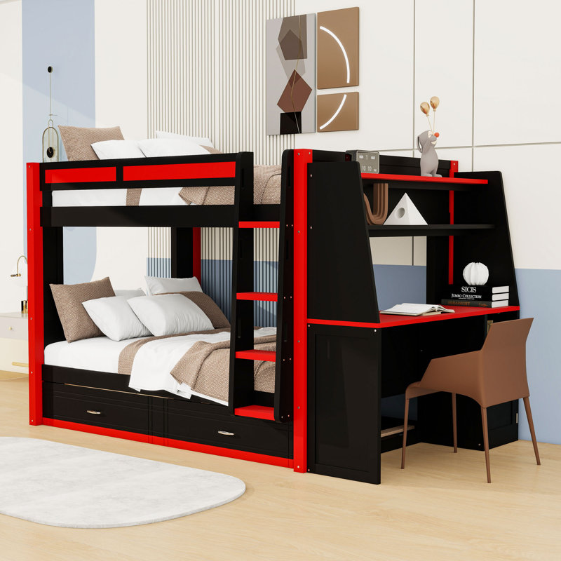 Lit superposé double en bois avec lit gigogne simple, bureau intégré, armoire et tablettes, Black/Red