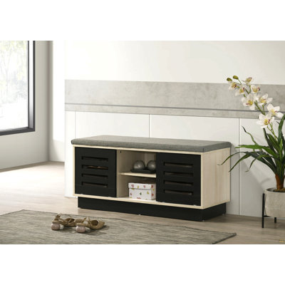 Brett 38.5"W Oak Finish Shoe Cabinet With Sliding Doors, Upholstered Top