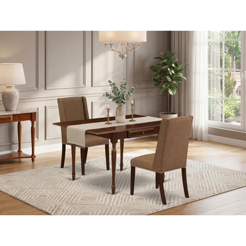 3 Piece Modern Dining Table Set Contains a Rectangle Wooden Table with Dropleaf and 2 Brown Linen Fabric Parson Dining Chairs, Mahogany