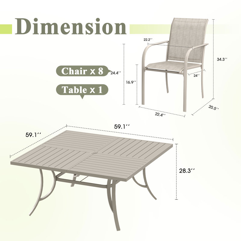 8-Person Square Patio Dining Set With Stackable PVC-coated polyester Chairs, Sanshell