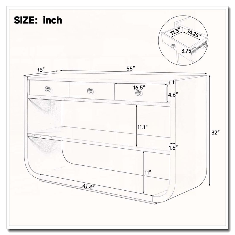 Console moderne avec 3 tiroirs à fermeture en douceur et 2 tablettes ouvertes, Blanc